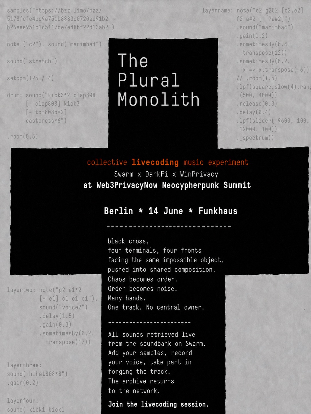 The Plural Monolith — collective livecoding setup
