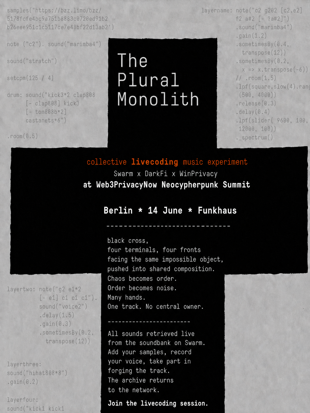 The Plural Monolith — collective livecoding setup